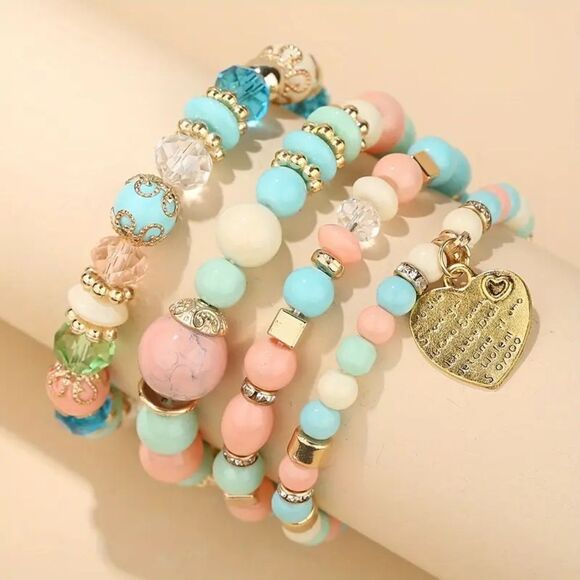 4pcs Beaded Bracelet Jewelry Set Multilayer Boho Charm Bracelet Pack Turquoise - Picture 2 of 6